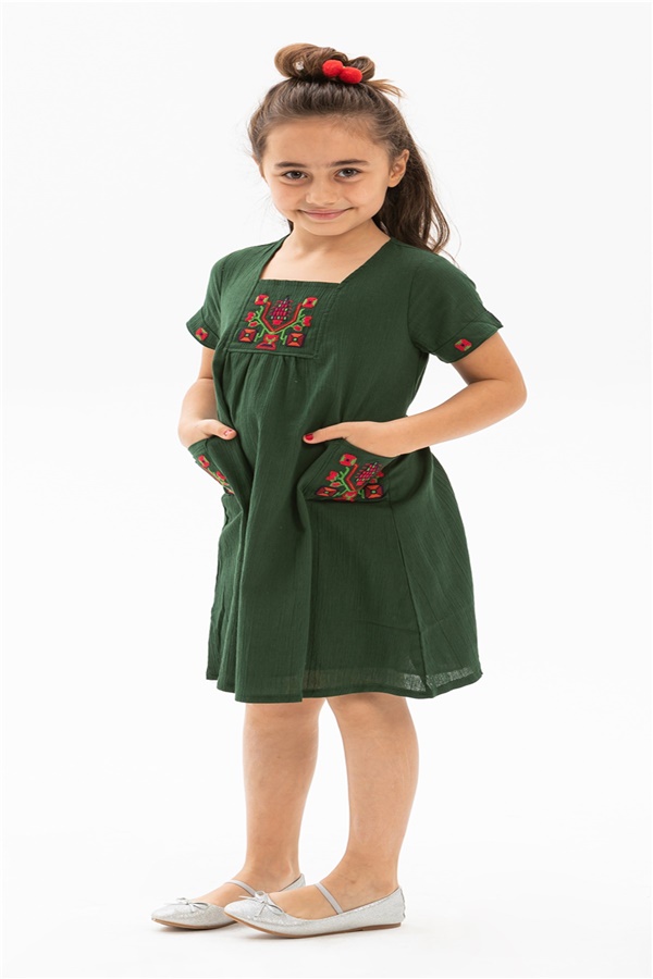 Melek Şile Bezi Kız Çocuk Elbise Yeşil