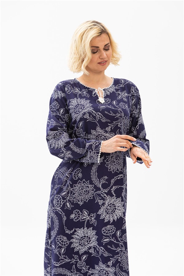 Long Sleeve Printed Dress Çınar Pattern Purple