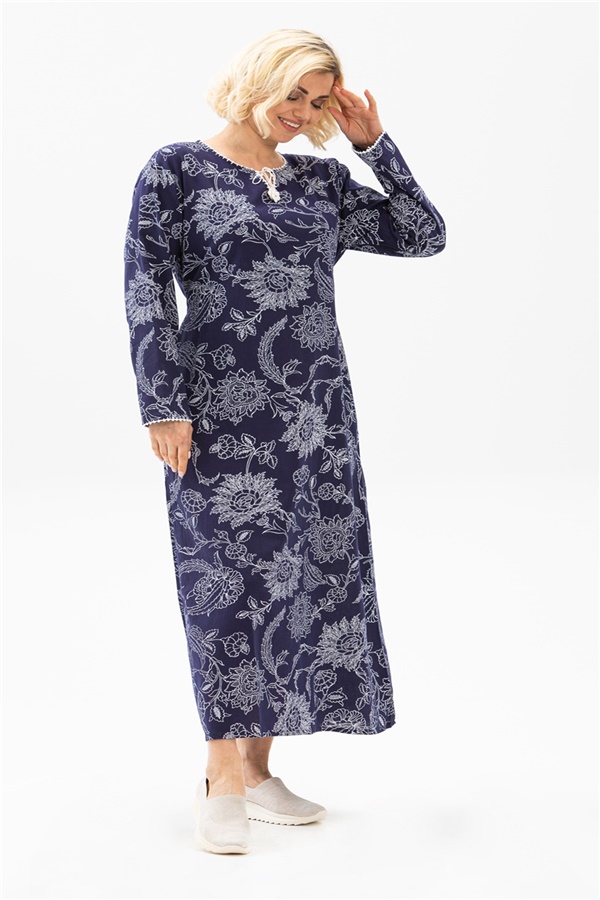 Long Sleeve Printed Dress Çınar Pattern Purple