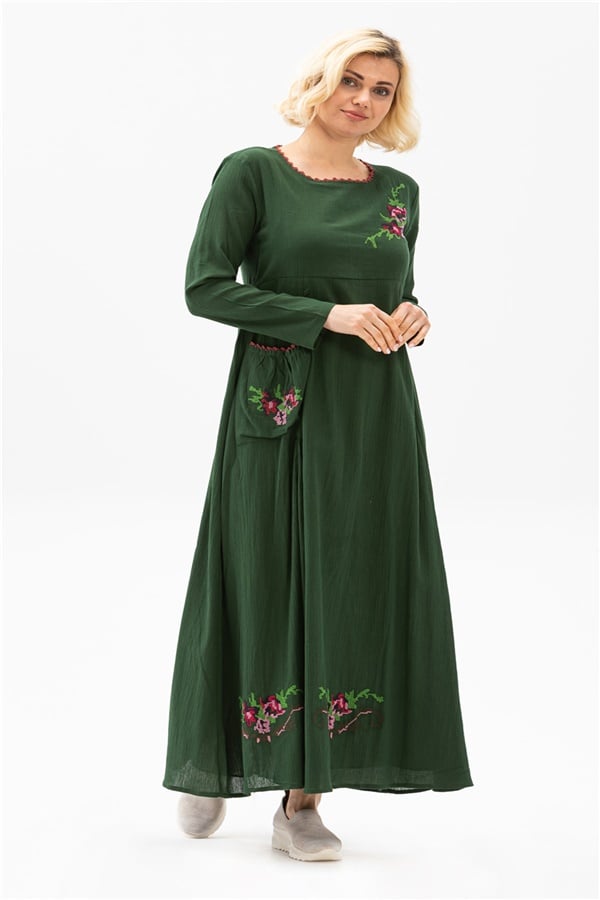 Uzun Kol Şile Bezi Burçak Elbise Yeşil