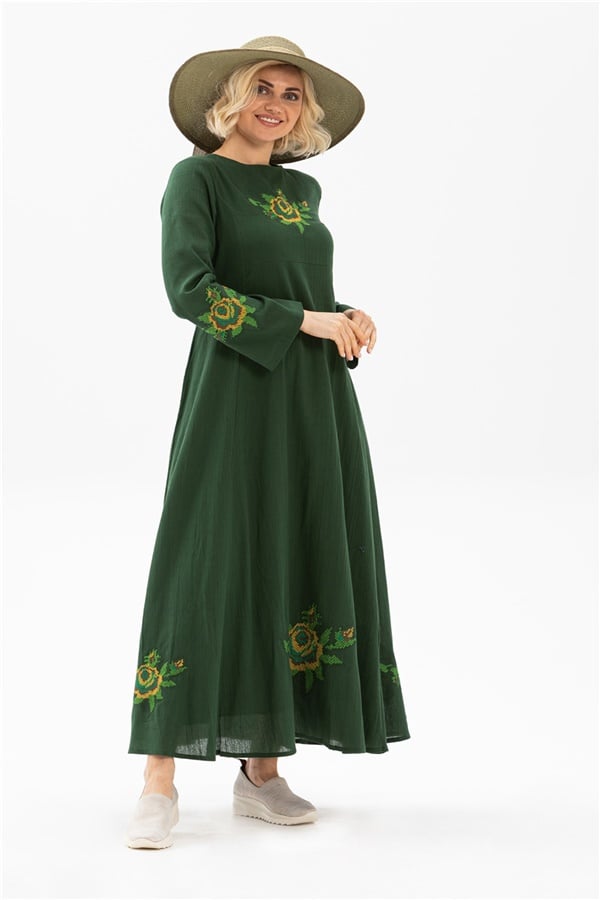 Uzun Kol Şile Bezi Sıla Elbise Yeşil